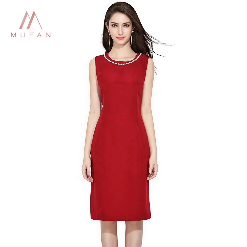

Wholesale Summer Latest Women 0-neck Sleeveless Slim Red Office Dress