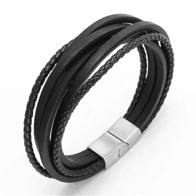 

Multilayer Leather Roll With 316L Stainless Steel Bracelet Men