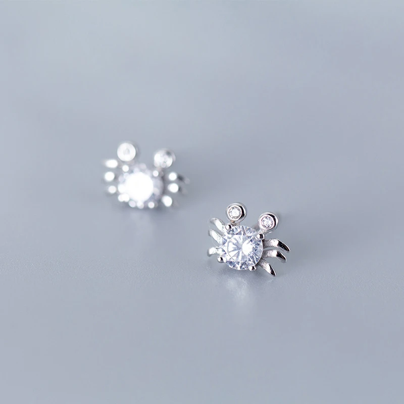 Pure 925 Sterling Silver Mini Cubic Zircon Crab Shaped Stud Earrings for Christmas Gifts Jewelry