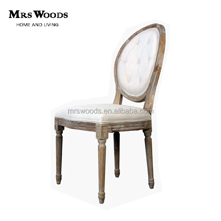 

french style oak wood button tufted round back fabric dining chair