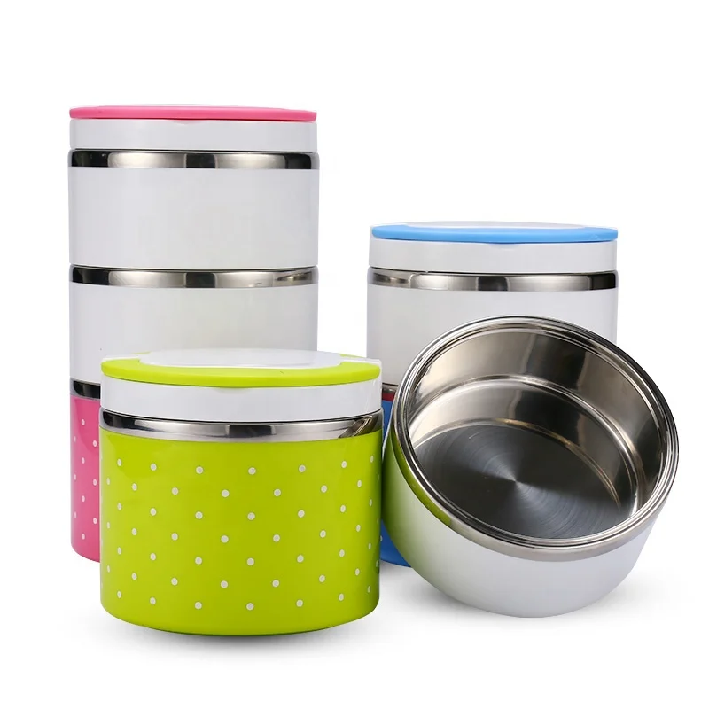

201 steel metal food container multi layers round lunch box with handle and cover, Multicolors