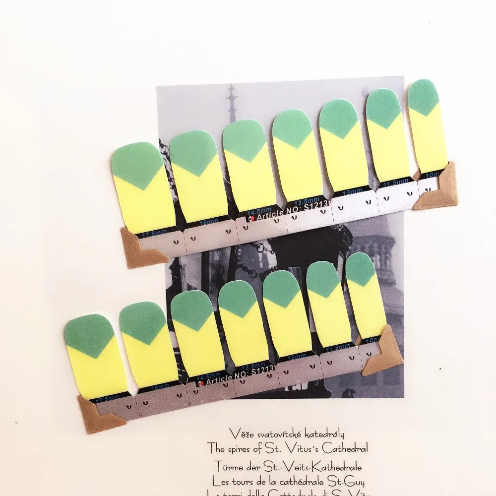 Yellow Green Geometry Nail Arts Stickers 14 pcs set Full Tape Patch Waterproof Foils Decals Polish