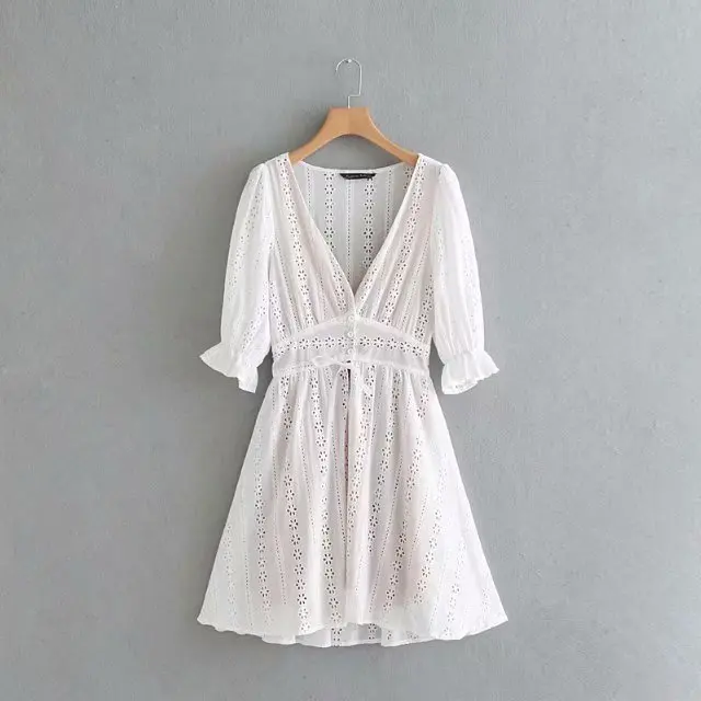 

High quality half sleeve sexy deep v neck new design summer cotton woman eyelet dress