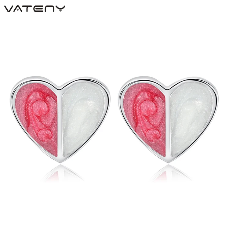 

Simple 925 Silver Pink Enamel Heart Stud Earring For Women Girls Lovers Cute