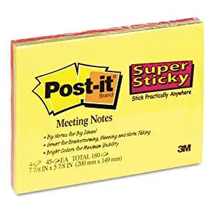 Post-it Super Sticky : Super Sticky Large Format Notes, 8x6, Four Colors, Four 45-Sheet Pads/pk -:- Sold as 2 Packs of - 4 - / - Total of 8 Each