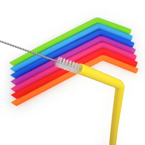 Image of Amazon hot sell 100% Food Grade colorful silicone straw tips rubber drinking foldable straw with cleaning brush