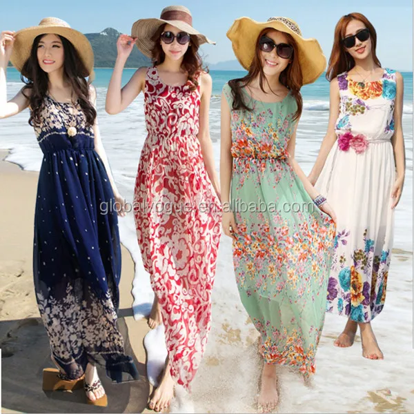 2016 big size 43colors summer sleeveless floral chiffon dress Bohemian skirt resort beach dress women dress