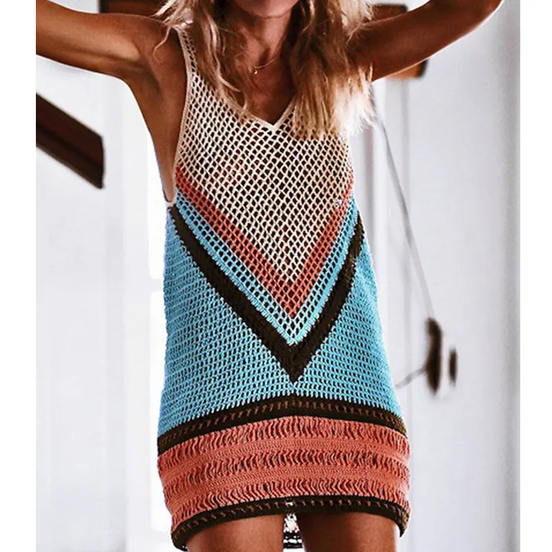 

Summer Mixing Color Transparent Swimsuit Coverup beachwear Sexy Vest Seaside Crochet Halter Dress, Red, light blue,green