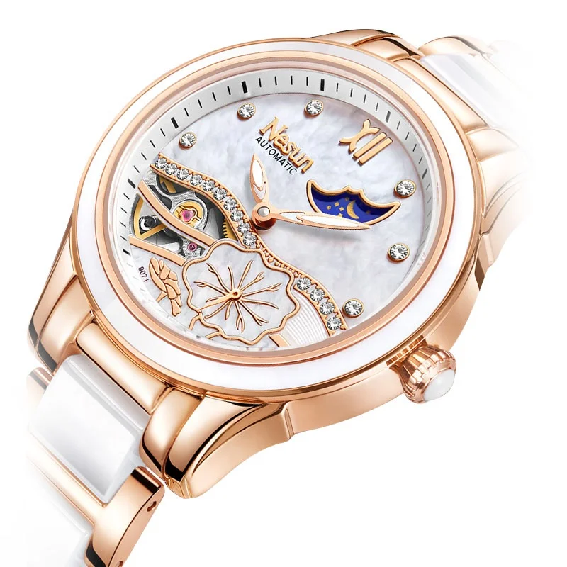 

luxury Automatic Mechanical Skeleton Ceramic Stylish Rose Gold Watch for Women china watch manufacturer ladies watch women