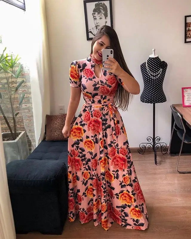 

Summer fashion large hem design printed floral lady plus size dress