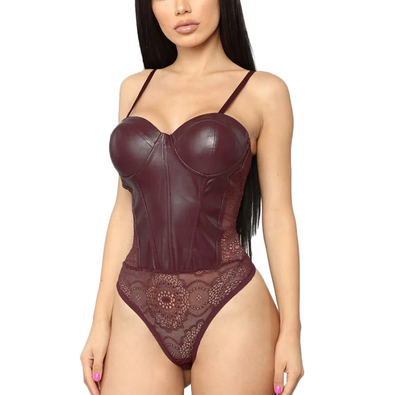 

Ladies sexy pu leather bodysuit sexy lace bodysuits for women, Burgundy/customized
