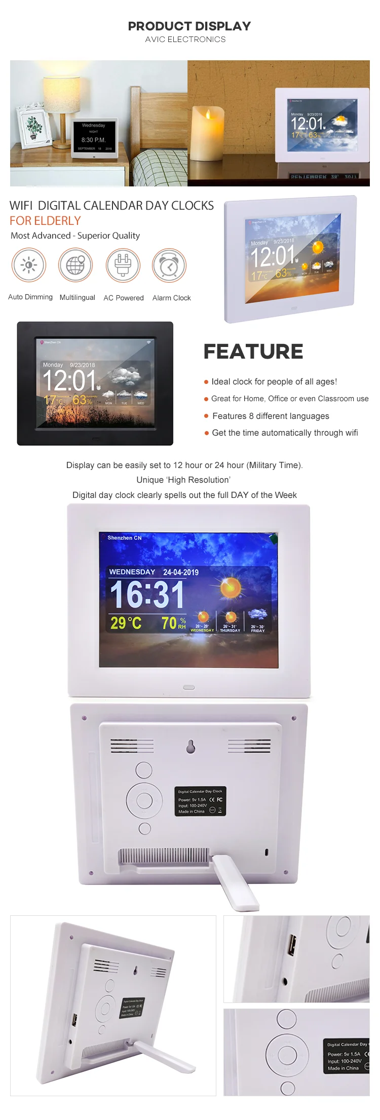 8 Inch Vision Impaired With Battery Backup & 3 Mode Option Station Meteo Wifi Digital Calendar Clock