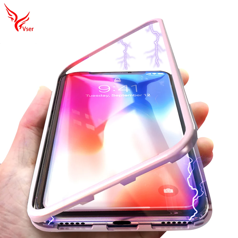 

360 Degree Metal Frame Tempered Glass Back Cover Magnetic Adsorption Phone Case for iPhone X, Black white red;ttransparent black;transparent white;transparent red