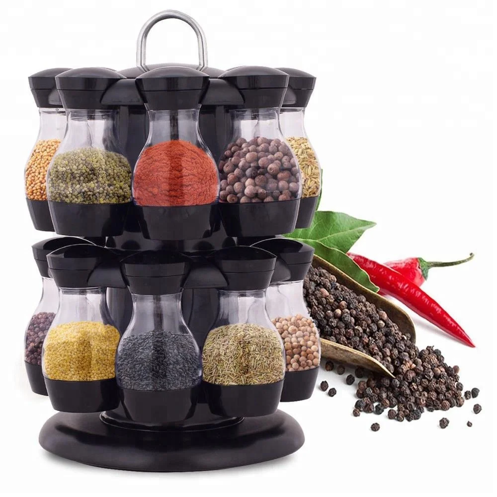 2tier revolving spice rack with 16 Plastic jars herb box spice carousel