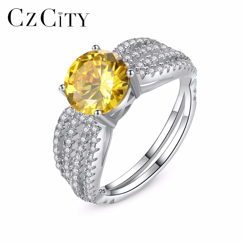 CZCITY New Fashion 925 Silver American Style Ring Yellow&White Shiny CZ Crystal Ring For Women Wearing Daily-Life Or Party Gift