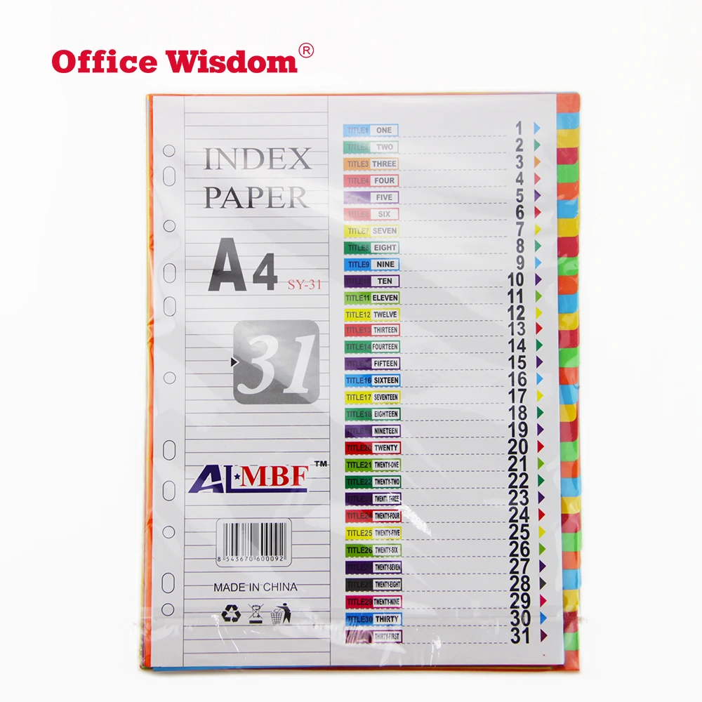 31 Sheets Plastic Index File Divider A4 Colorful Plastic File