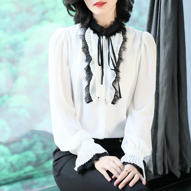 

Spring and summer lace pleated chiffon shirt women long sleeve sleeve t shirt loose blouses