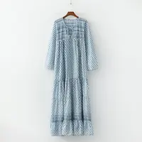 

Lace up o neck long sleeve geometric pattern printed women summer casual dress