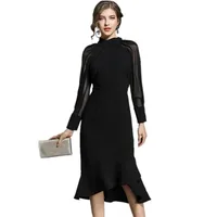 

YSMARKET New Hot Sale Womens Spring Black Elegant Dresses Mid Calf Mesh Long Sleeve Casual Dress Ladies Office Party Wear E5255