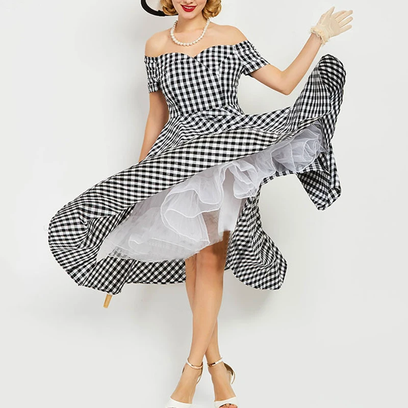 

Vestidos De Formales High Waist Off-Shoulder Yarn Flared Rockabilly Vintage Retro Dress, N/a