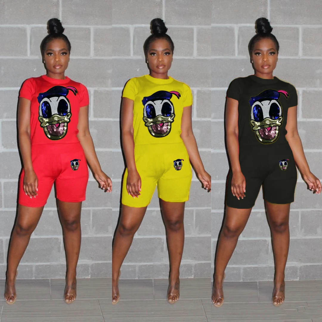 

2020 hot sell H7318 women fashion cartoon shorts and shirt 2 piece set