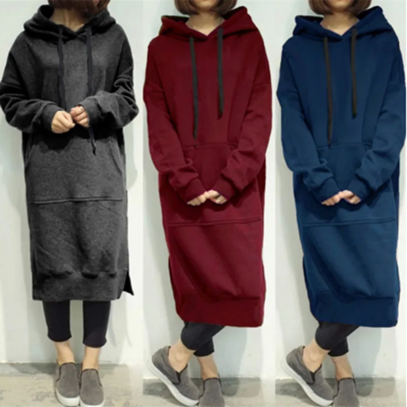 

HOT SALE Women Knee Length Long Sleeve Loose Hoodie Dress