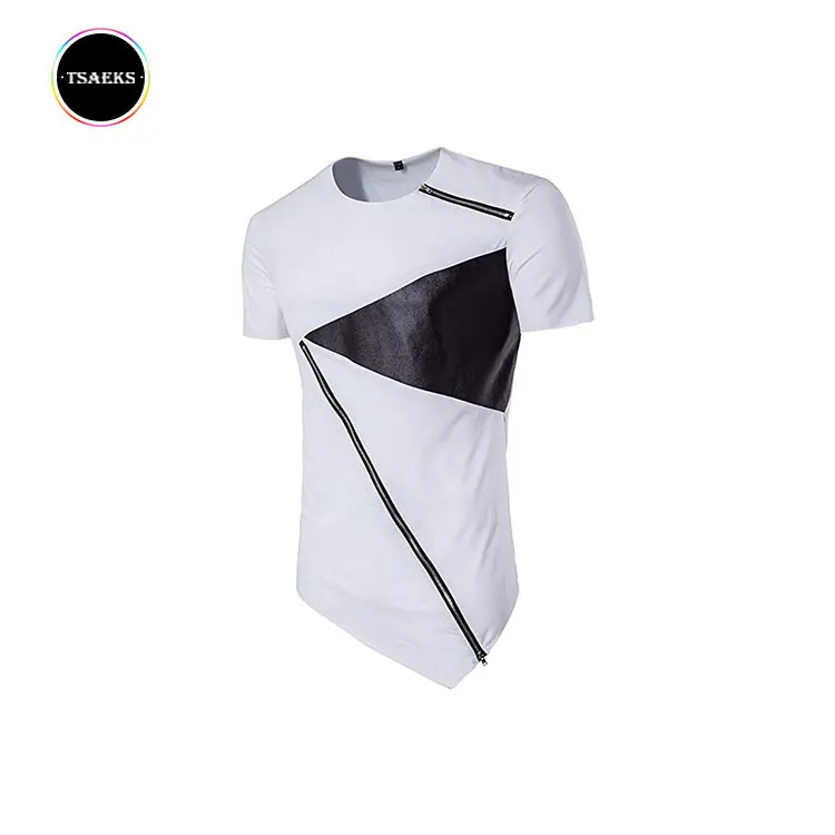 

Men's streetwear black leather sleeves zipper white t-shirt