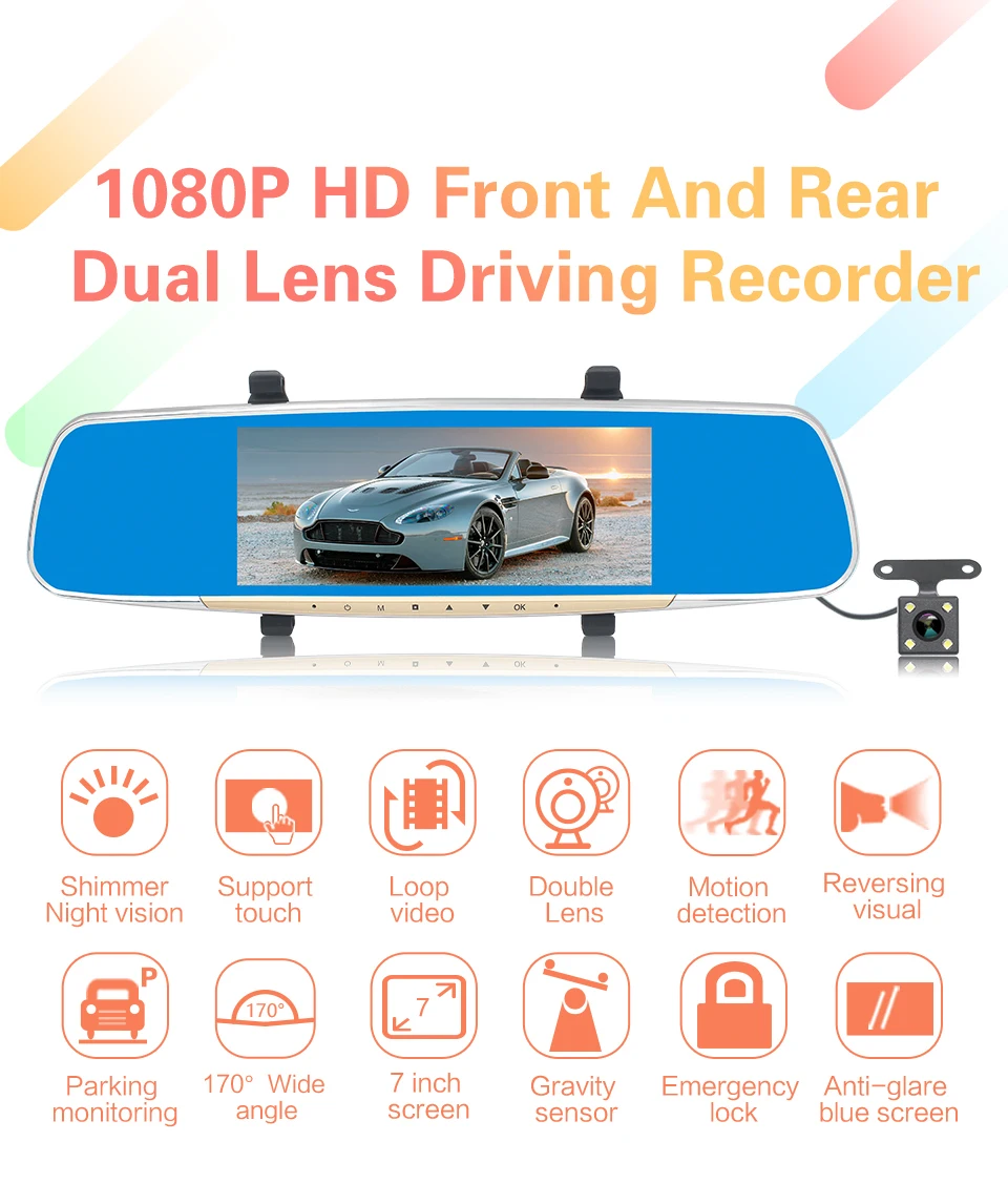 7 inch touch screen dual cameras rearview mirror 1080p car black box