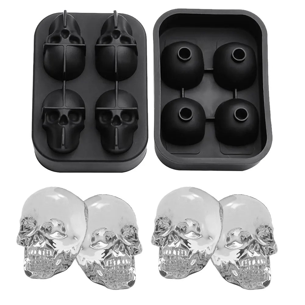 YADEER 3D Skull Ice Mold Cube Tray Silica Gel Creative DIY Ice Cream Model Chocolate Cast Harmless Drinking Frozen Block for Party Bar 4 Grids