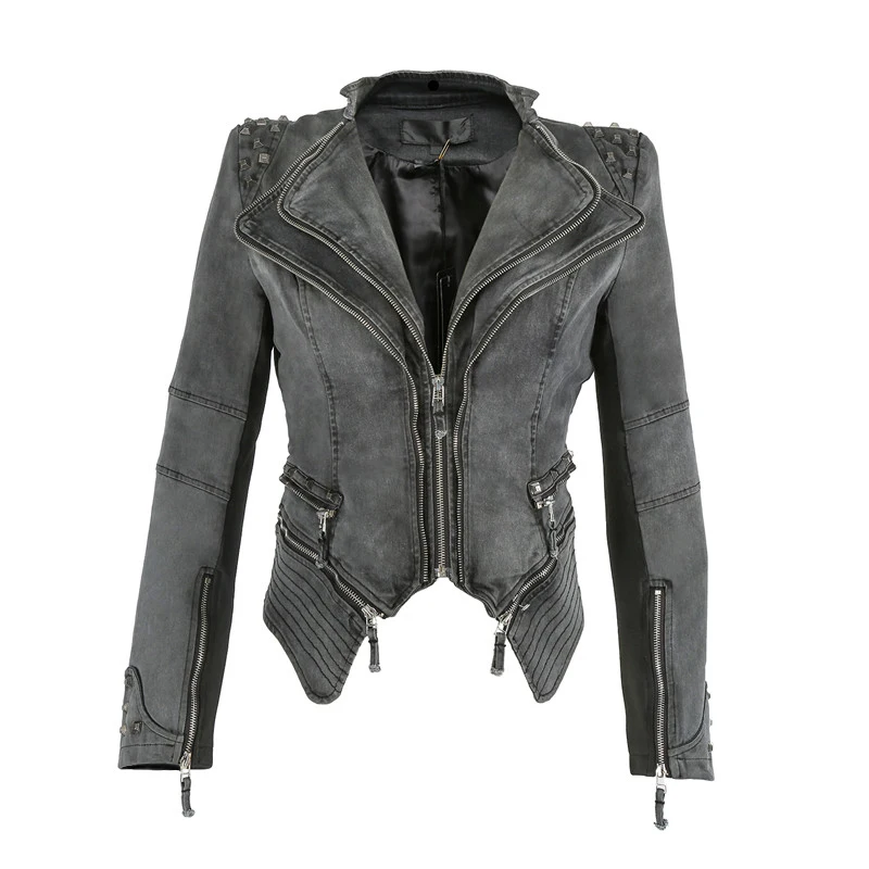Fashion rivet punk rock jacket locomotive motorcycle zipper woman ladies jean rivet denim jacket for women