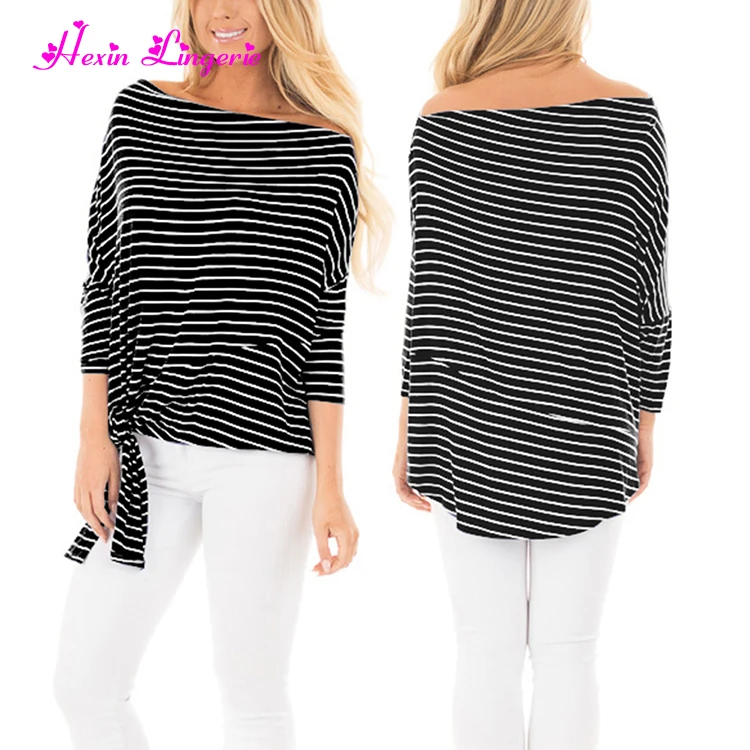 

China manufacturer black Striped casual off shoulder fat women winter blouse, Picture color