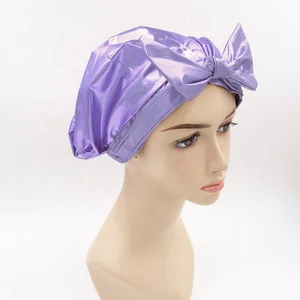 Wholesale Luxury Custom Print Fabric Satin Lined Silk Disposable Hotel Woman Turban Shower Caps with Non Slip Silicone Grip