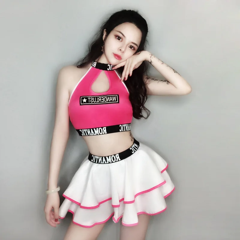 

Dance Bars Costumes Japanese and Korean Combination Business Performances Cheerleading Performance Costume Nightclub, Pink & white