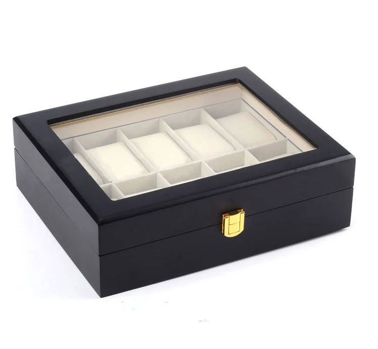 Wholesale Fashion 10 Slot Gift Storage Black Wooden Packaging Custom Wrist Lacquer Watch Bracelet Box With Pillow