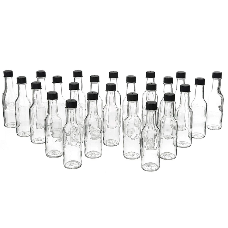 5 oz. Clear Glass Hot Sauce Bottle with Black Unlined Cap and Orifice Reducer (24/414) (V1)-24 (V1), 24 Pack