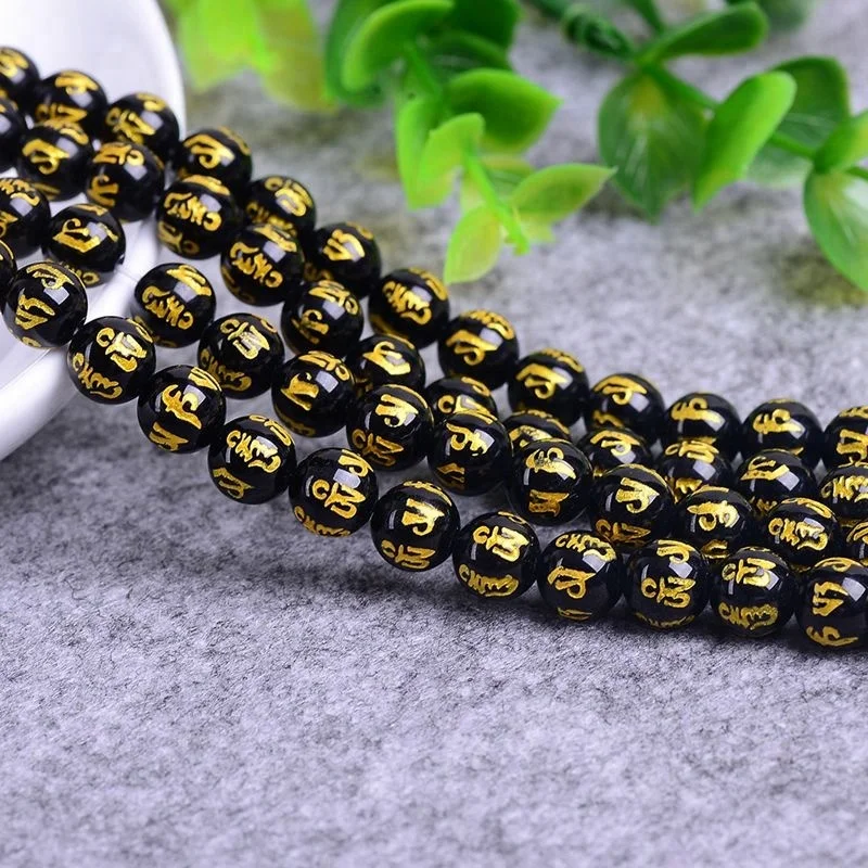 

Round Black Natural Stone Beads Six Words Mantra Size 8mm 10mm 12mm DIY Loose Beads for Jewelry Making Bracelets