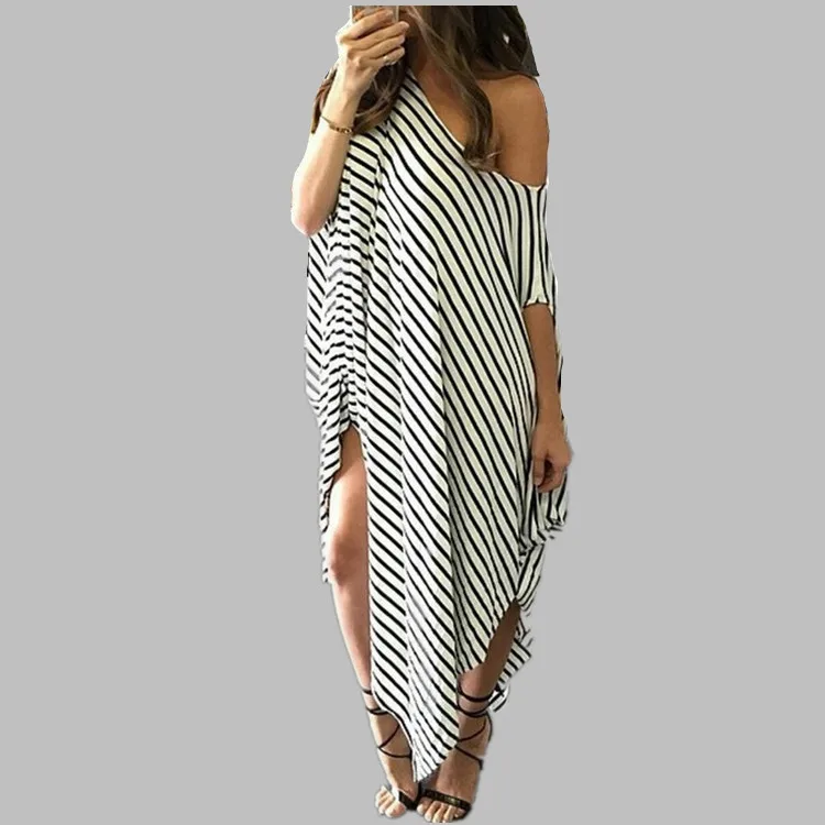 

Women Maxi Oversized Round Neck Kaftan Dress Summer Off Shoulder Stripe Long Dresses, White, black