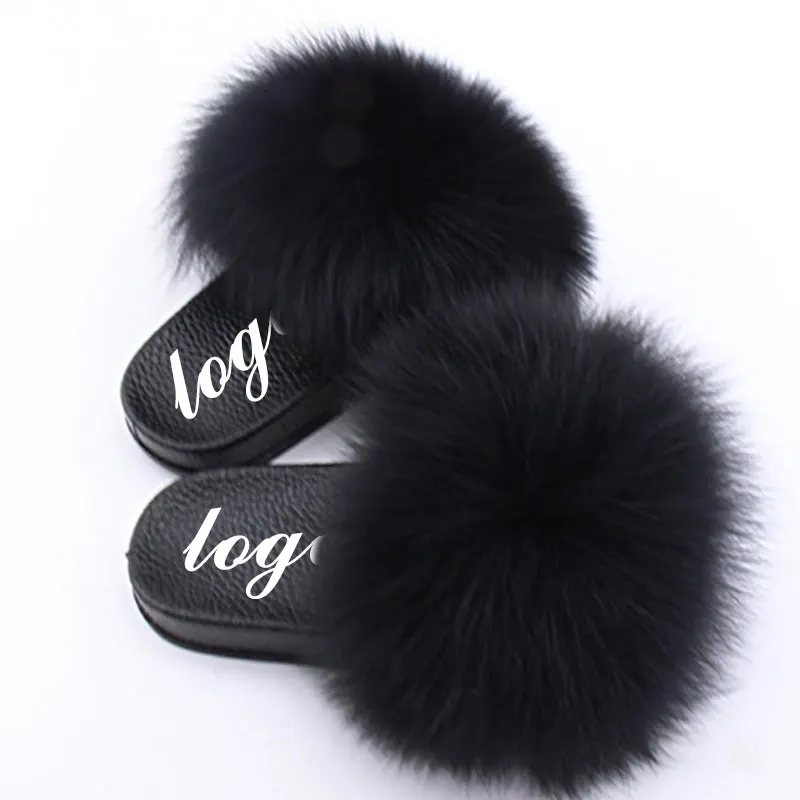 

High quality real genuine fluffy fox furry sandals fur mule slippers with many colors, Customized