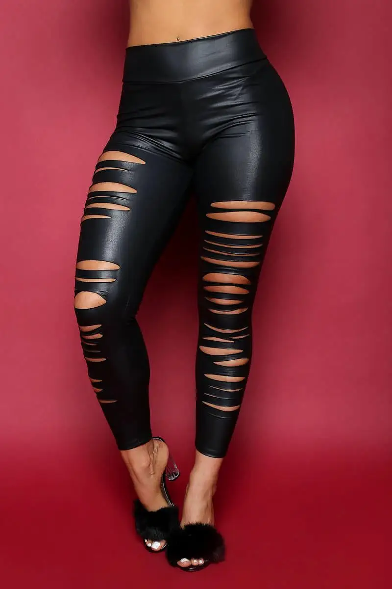 Women's Sexy Black Skinny Ripped Leather Pencil Pants Fndn8045 - Buy