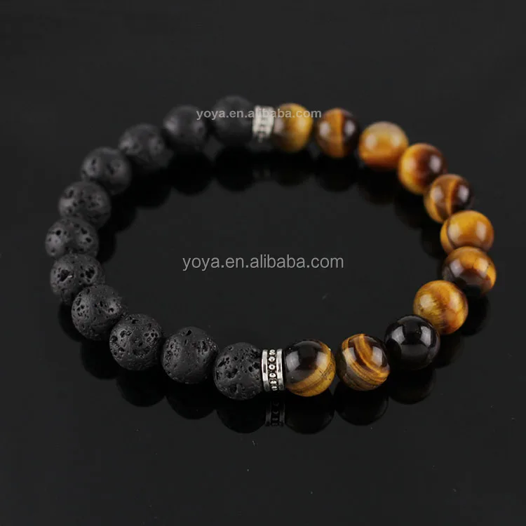 

BRP1202 Fashion tigereye & black lava Beaded Men Elastic Bracelet