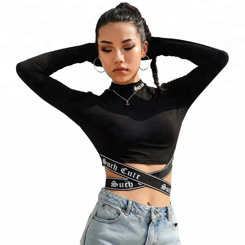 

Casual Slim Fit Black Long Sleeve Bandage Tee Shirts Top For Women