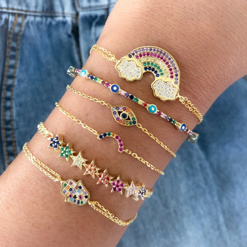 

2019 summer gift micro pave colorful cz rainbow charm bracelet, Rainbow color
