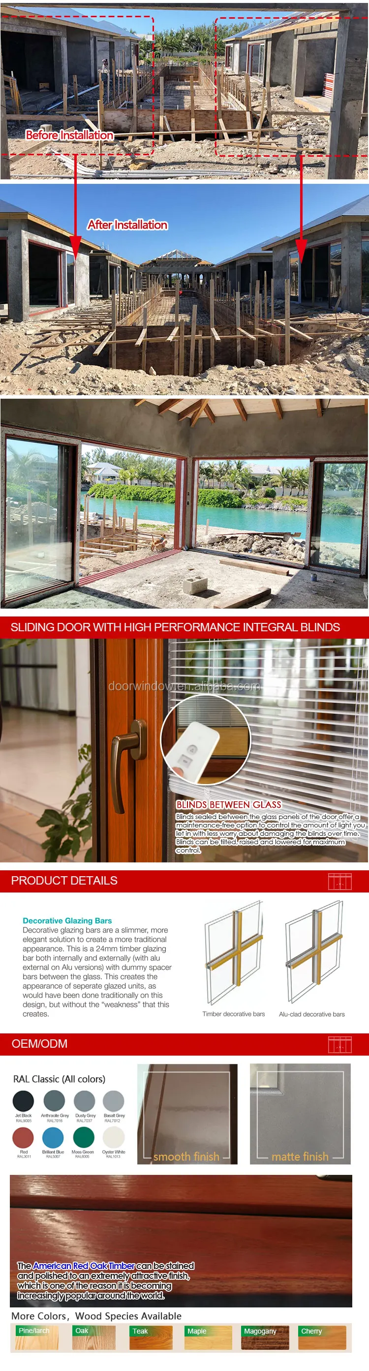 High end customize wooden sliding door with 6 glass panels by CE certified