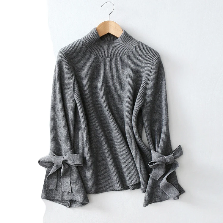 

Sweet girls stylish knitted pullover sweater covering yarn and cotton woolen sweater bowknot sleeve, Black,white,grey