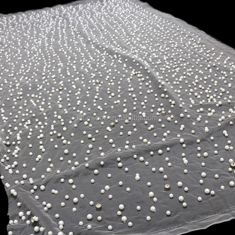 Water soluble net swiss voile high quality with crystal white heavy beaded pearl tulle lace fabric