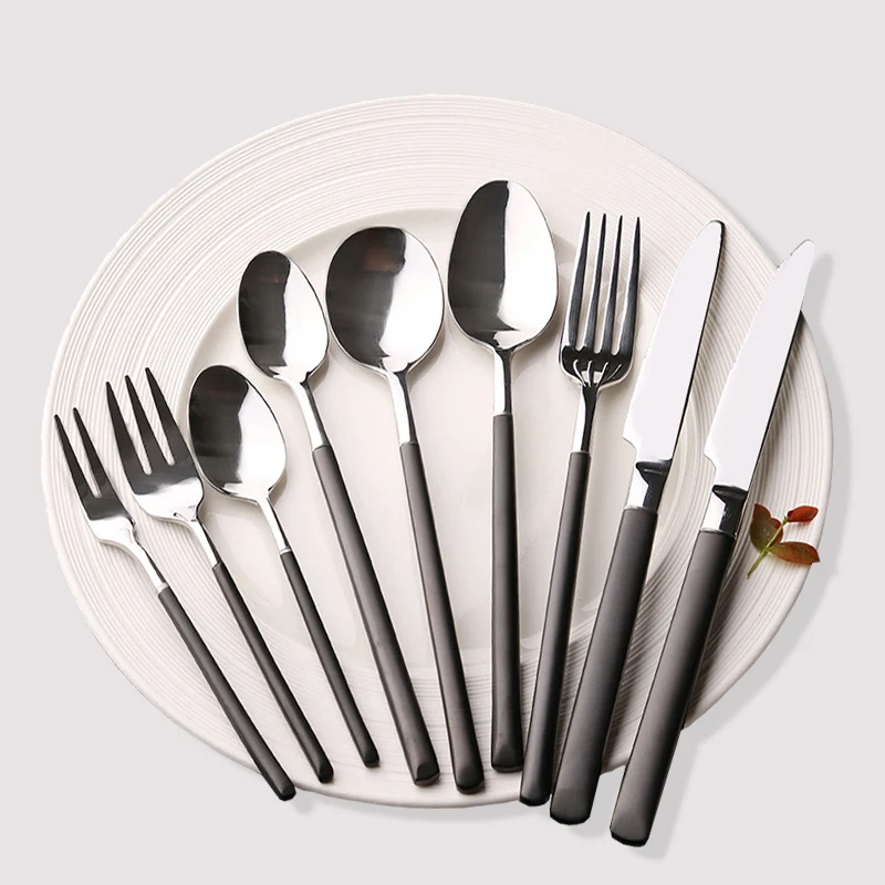 

2019 Luxury Cutlery Set Stainless Steel Black Handle Flatware, Black and white