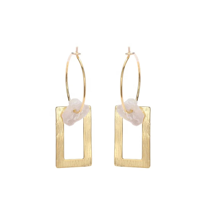 

E1753 Natural Baroque Pearl Earrings 925 Sterling Silver Geometric Rectangle Earrings