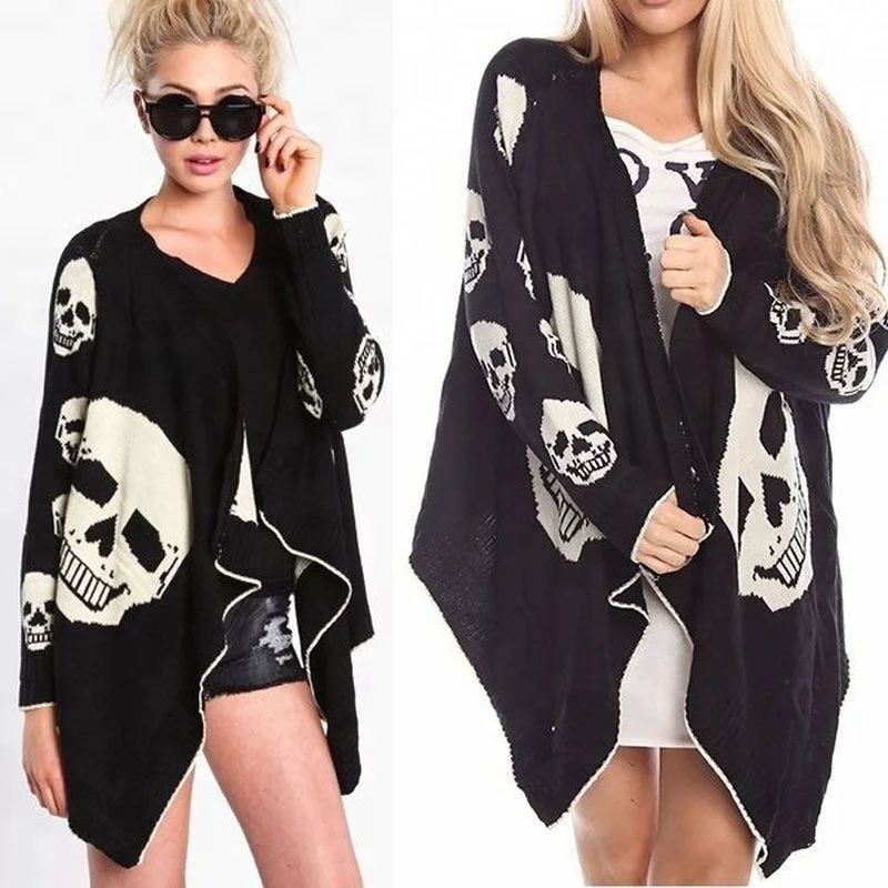 

2018 New Women Ladies Fashion Shawl Sexy Printed Skulls Casual Loose Long Sleeve Irregular Hem Cardigan Coat Plus Size