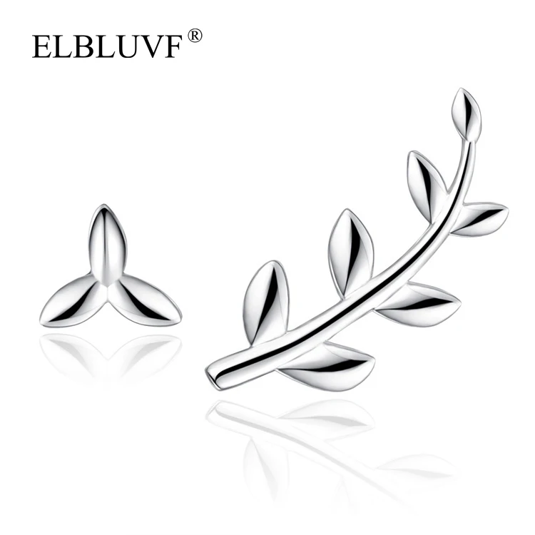 

ELBLUVF Free Shipping Copper Alloy Jewelry S925 Silver Plated Women Creative Leaf Branch Shape Earrings, White gold