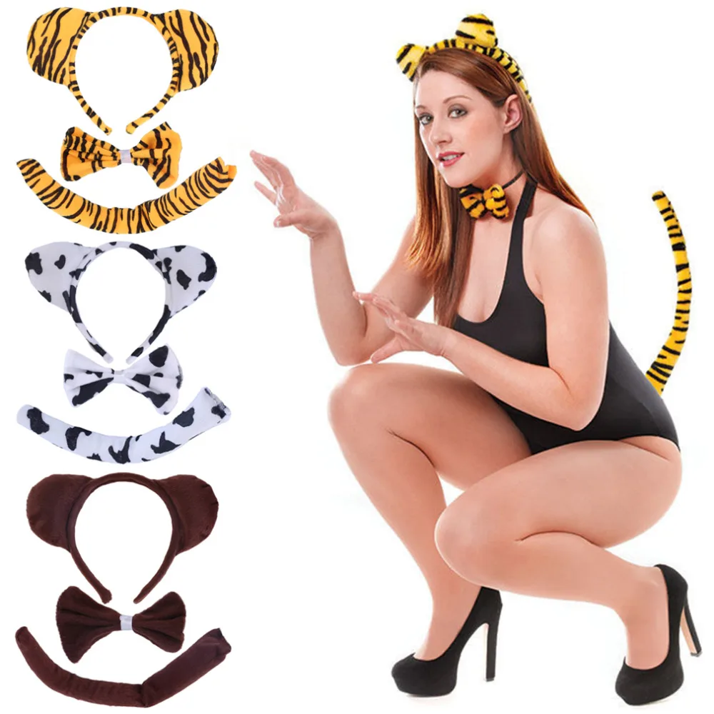 Kids Animal Zebra Tiger Cow Gray Wolf Monkey Tail Bunny Ear Headband Bow Tie 3Pcs Party